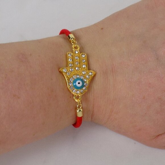 new! red string bracelet hamsa hand evil eye charm CZ adjustable protection gift - Picture 3 of 6